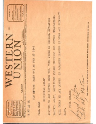 Telegram from Phil Roland to Paul Ecke
